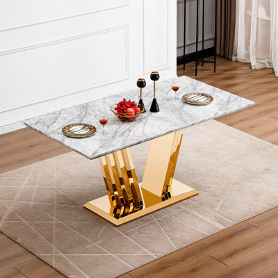 Table en marbre 70 po avec base en acier inoxydable, gris et or, pieds de salle à manger faciles à assembler, sièges confortables pour 6 personnes