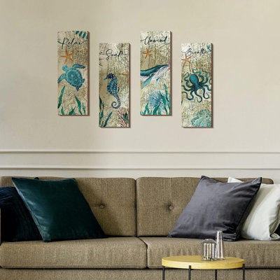 4-Piece Coastal Wall Art Set – Nautical Sea Turtle & Octopus Wooden Signs For Bathroom, Bedroom, Kitchen & Home Decor, Teal Ocean Accessories