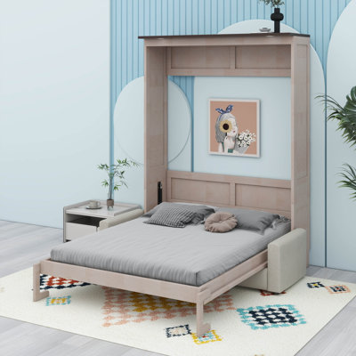 Grand lit escamotable en bois avec canapé rembourré, conception à lumière DEL