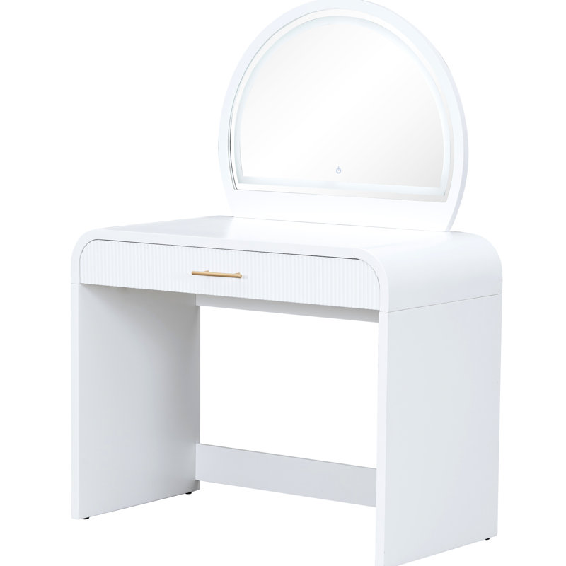 Bedroom Makeup Vanity Table, 39", White. Touch Screen Lighted Mirror And Drawer. Curved Edges Design For Grace. Sufficient Storage Cosmetics. Practical. Easy Assembly Process