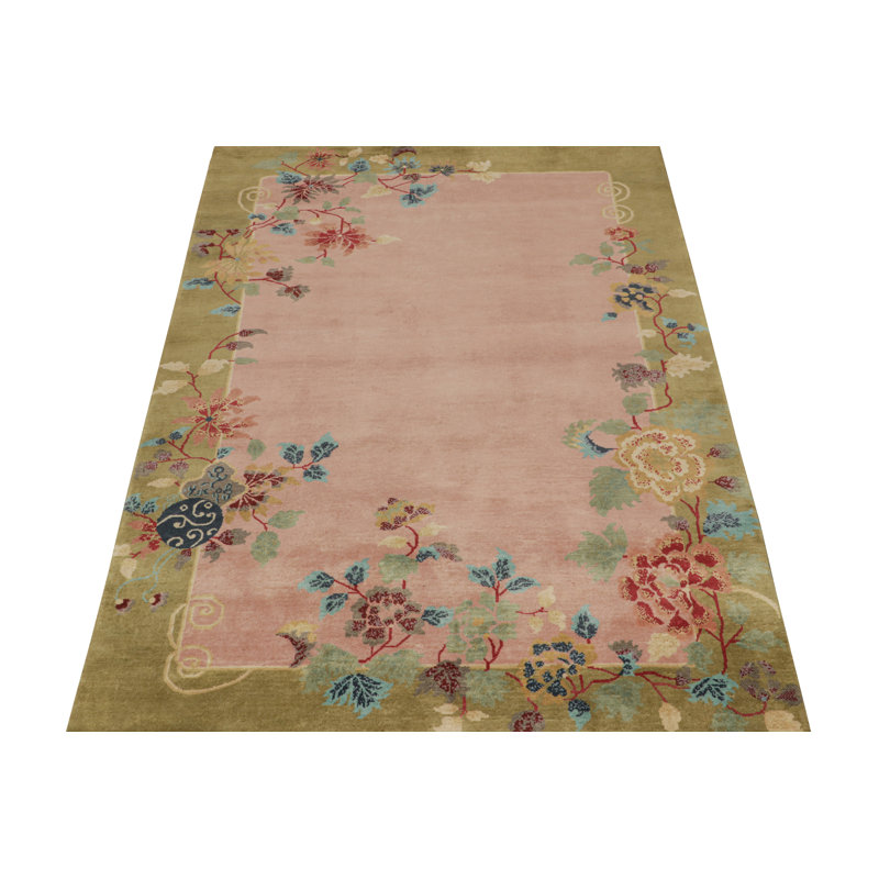Rug & Kilim’S Chinese Style Art Deco Rug In Pink & Green With Colorful Florals, Rectangle 5'10" x 8'8"