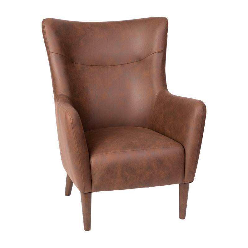 Dark Brown Faux Leather Wingback Accent Chair with Wooden Legs