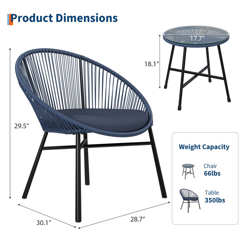 Ensemble de patio 3 pièces Acapulco - Chaises tissées toutes saisons et table en verre trempé pour balcon / terrasse, Blue