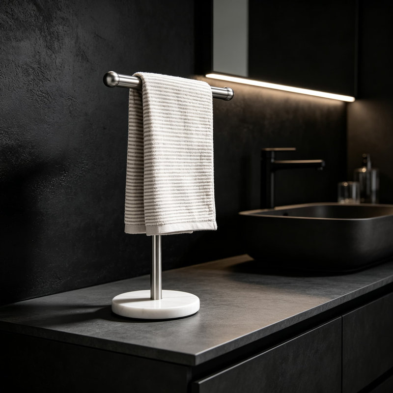 Porte-serviettes sur pied en forme de T avec socle en marbre massif, acier inoxydable SUS304, fini argent brossé.