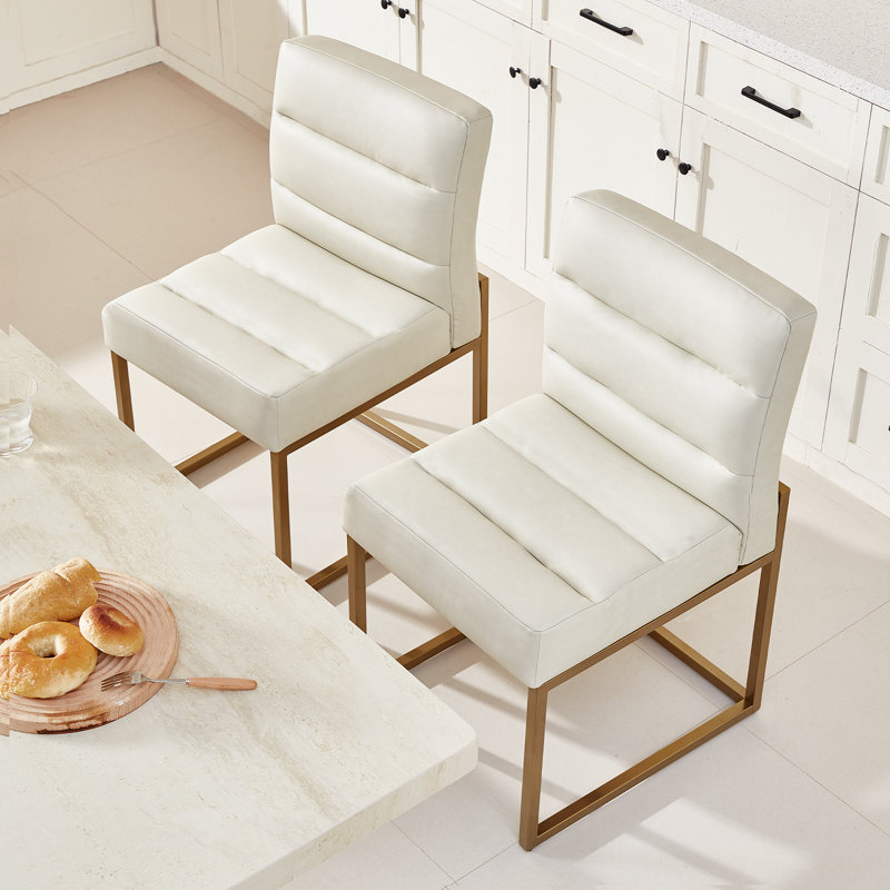 GrandNoor Modern Beige Faux Leather Dining Chairs Set of 2, Soft Thick Upholstered Kitchen Chairs with Gold Sturdy Metal Legs,Adjustable Foot Pads Dining Room Chairs