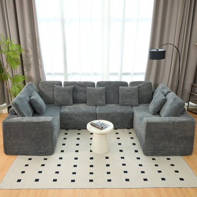 135.5-Inch Modular U-Shaped Sectional Sofa, 6-Seater Chaise Lounge With Reversible Design, Striped Corduroy Fabric – Customizable Living Room Or Bedroom Couch, Freely Configurable Layout.