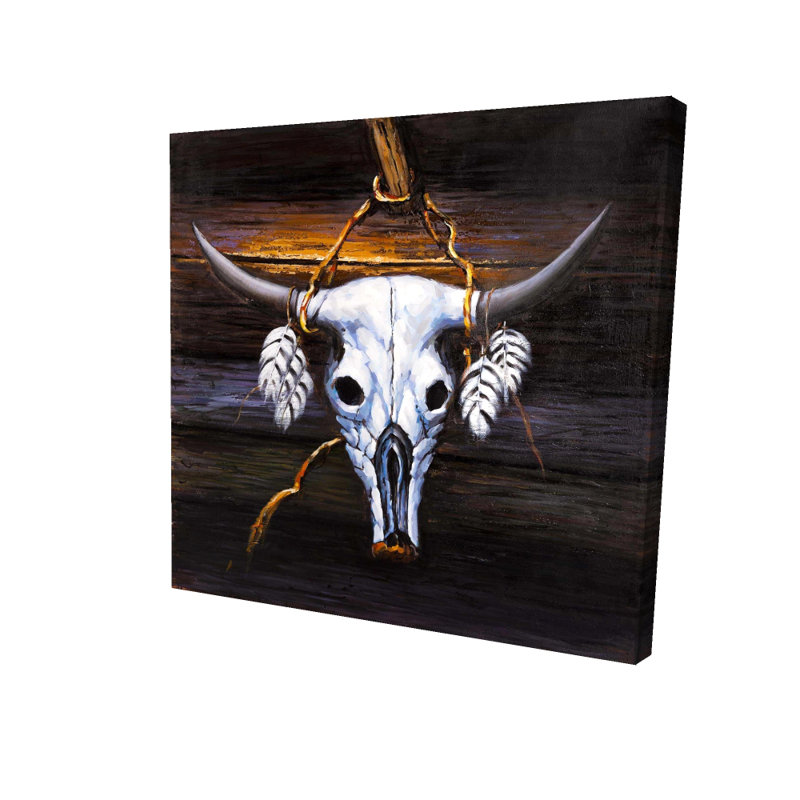 Crâne de taureau suspendu - décoration de salon en toile orange, H 36 po x l 36 po