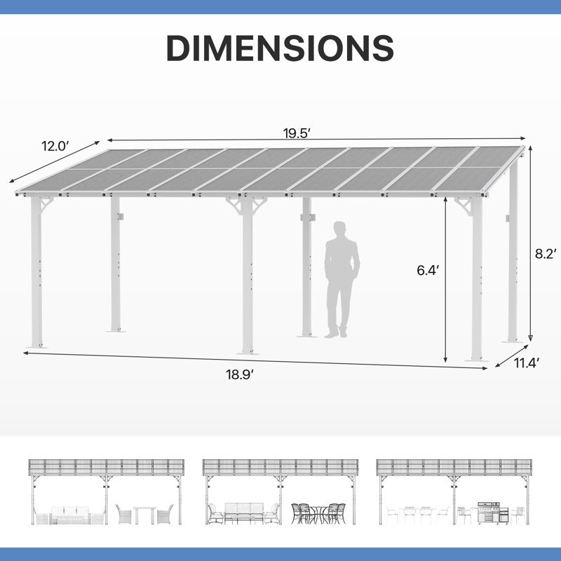 20 pi L 10 pi. D Pergola d'extérieur en métal avec abri de jardin pour terrasse et toit incliné