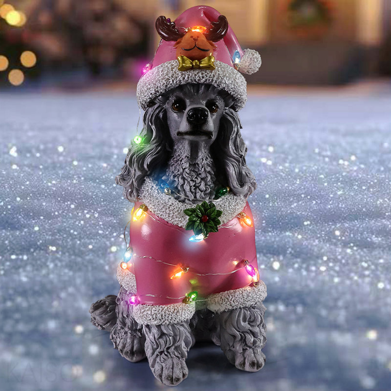 Statue de Noël caniche, Figurine de chien de Noël en tenue de père Noël rose
