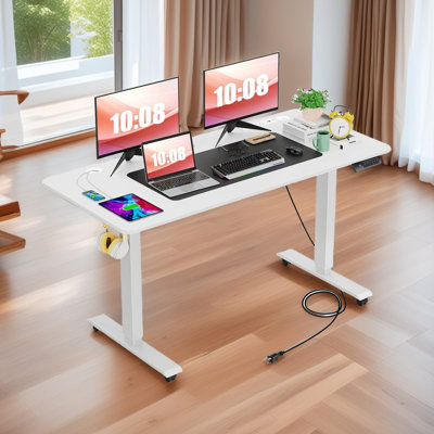 Kashif 55'' Electric Height Adjustable Standing Desk With 2 USB Ports, 3 Power Outlets, and 4 Casters, 2 Hooks, Big Mouse Pad