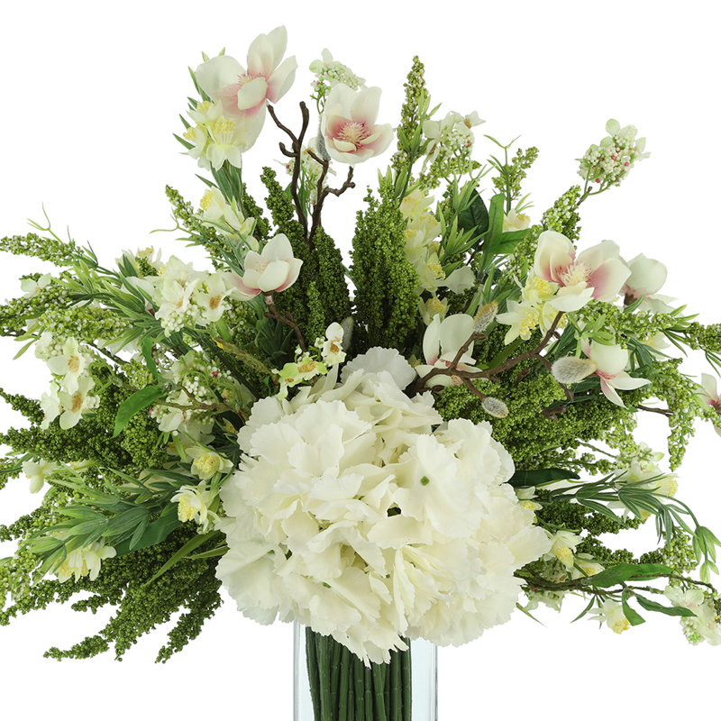 Faux Floral Arrangement with Butterfly Magnolias and Hydrangeas, Cream/White