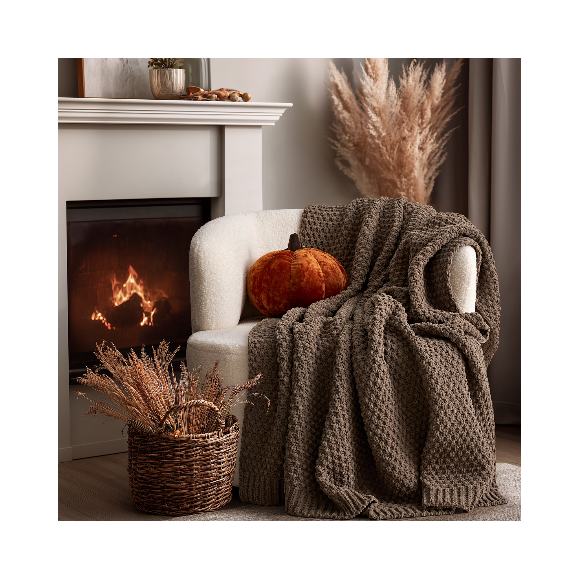 Chunky Chenille Knit Throw Blanket, 60" L x 50" W, Mocha Brown