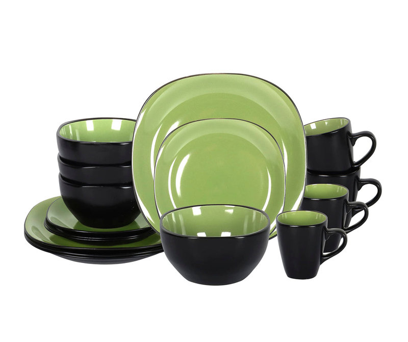 HomeVSS Stoneware 16-Piece Square Dinnerware Set，Service for 4, Green