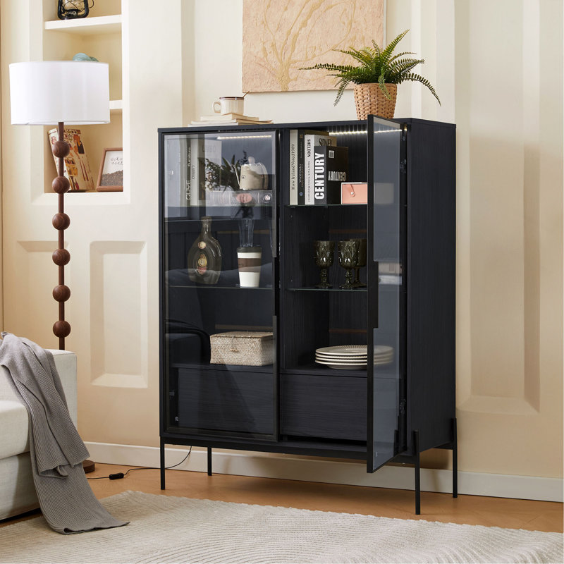 51.2'' Freestanding Display Cabinet, Pantry With 2 Storage Drawers And Glass Doors, Curio Cabinet With 4-Tier Adjustable Shelves And LED Light, For Living Room, Kitchen, Office