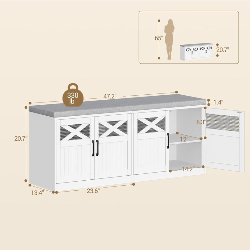 Banc de rangement à chaussures à 2 niveaux avec portes, banc de ferme 47,2 "avec coussin rembourré