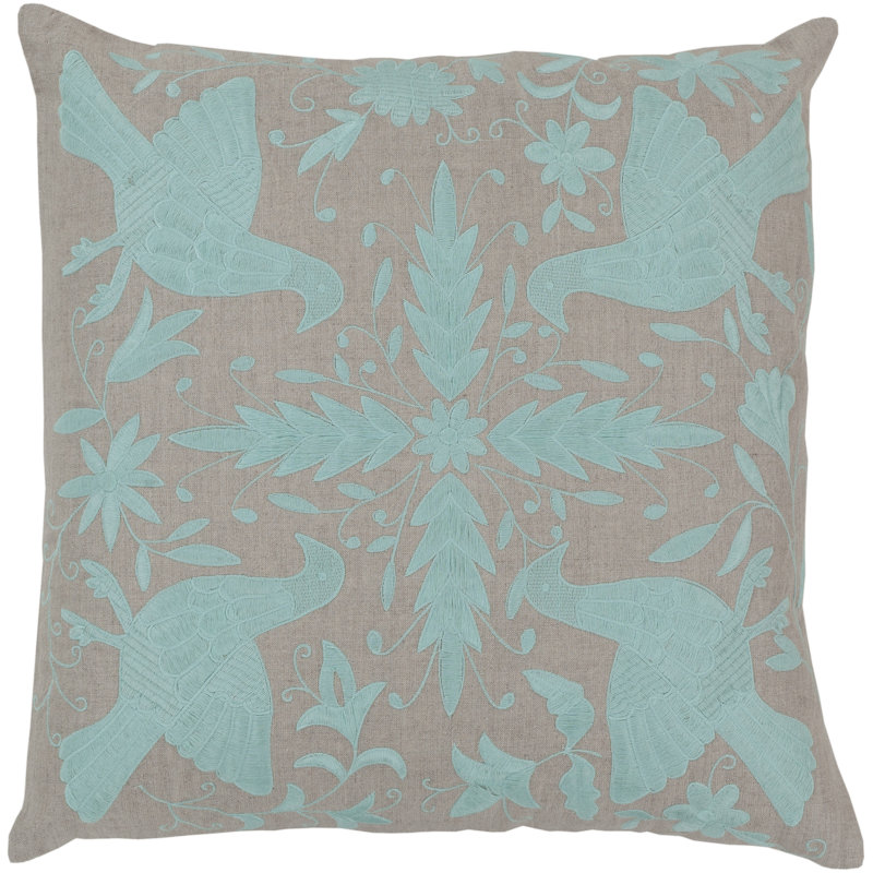 Embroidered Throw Pillow, Oatmeal / Robin's Egg Blue, Polyester, 18" H x 18" W