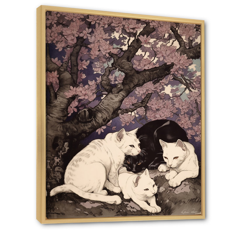 Chat blanc et chat noir dormant sous un arbre - impression, H 20 po x l 12 po x P 1 po, Cadre naturel flottant