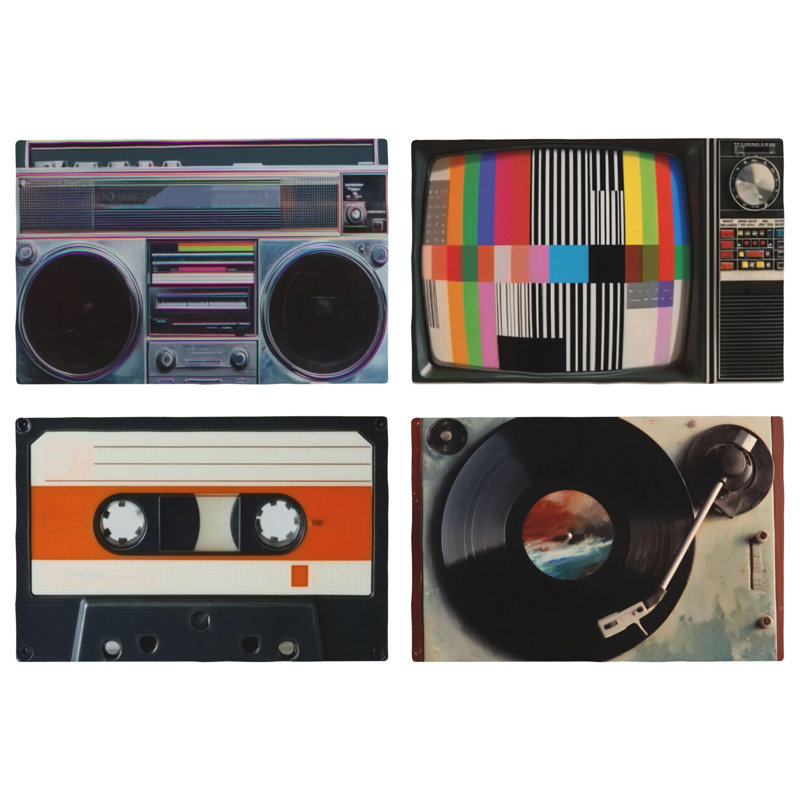 Ensemble de 4 napperons de table napperons rectangulaires en lin essuyables et imperméables pour dîner de cuisine (disques de cassettes rétro)