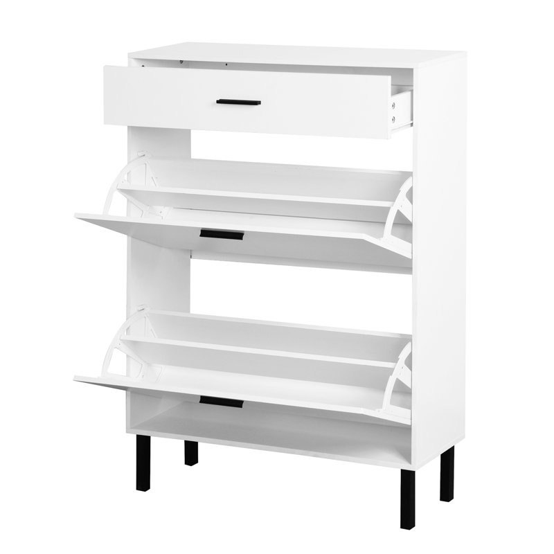 Armoire à chaussures moderne avec 2 tiroirs rabattables et pieds en métal - Solution de rangement pour hall d'entrée autoportante en blanc