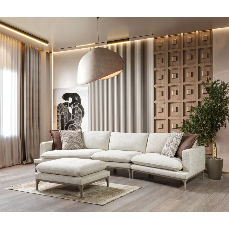 Dilan Ivory Linen 3-Piece Curved 126" Sectional with Ottoman