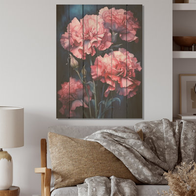 Œillet rose sur encre bleu marine - œillets, art mural sur bois de pin naturel