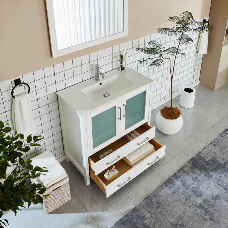 Brescia 36" Single Sink Freestanding Bathroom Vanity with Ceramic Top and Matching Mirror, White