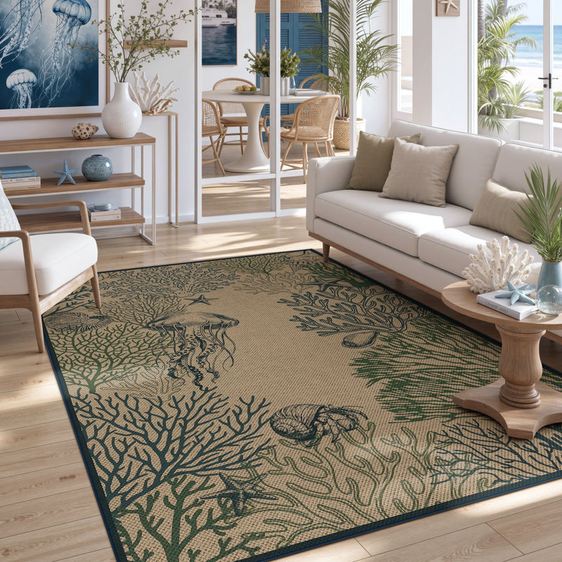 Tapis intérieur / extérieur Boho, Ocean-Blue/Green, Rectangle 5 pi x 7 pi