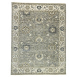 Floral Handmade Hand-Knotted Rectangle 9'1" x 11'10" Wool Area Rug in Cream