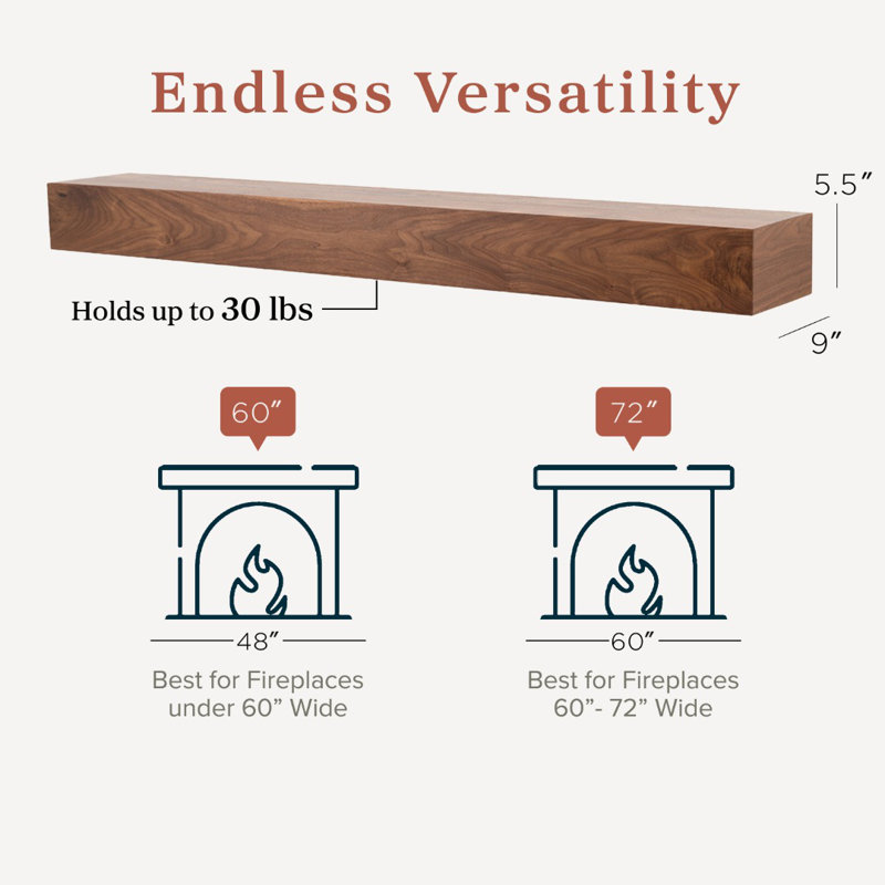 Modern Ember Walnut Creek 72" Fireplace Mantel Shelf - 9" Depth, Close-Grain Details - Real Walnut Wood, 72"