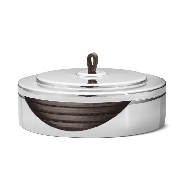 Art Deco Leather and Stainless Steel Coaster Set with Holder