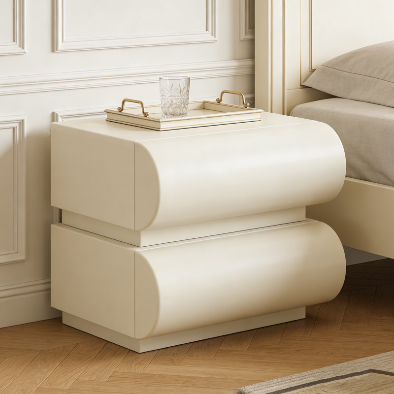19.7" French Cream Nightstand with Two Drawers, Solid Wood Frame and Faux Leather Upholstery, End Table for Bedroom or Living Room