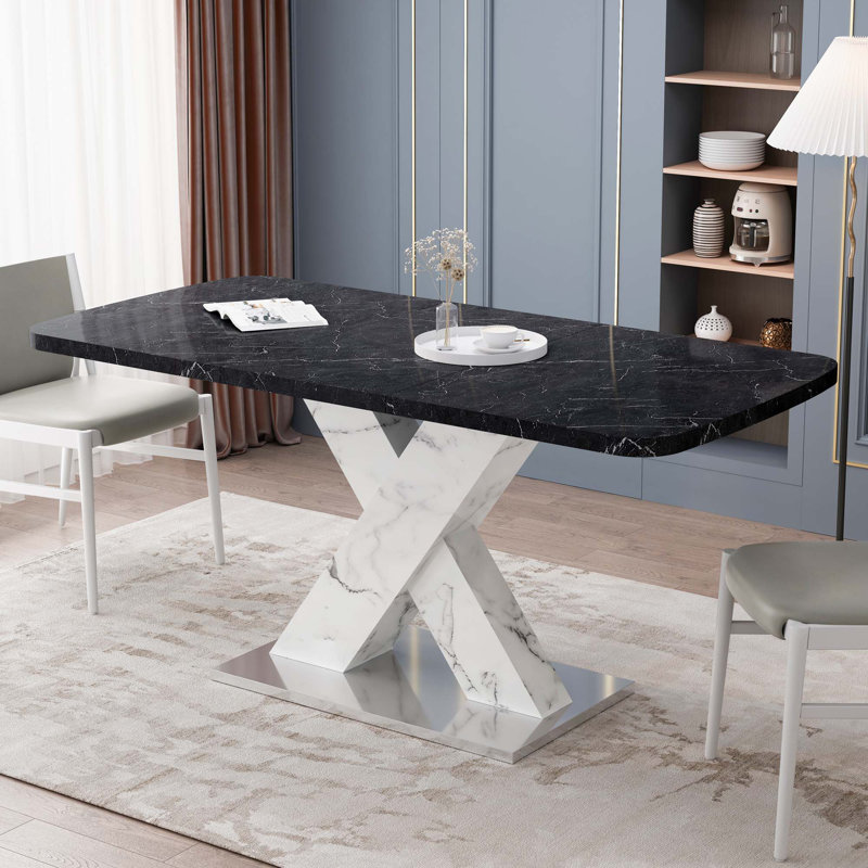Camaury Rectangular 62.99'' L x 31.5'' W, Marble Table Top+MDF X-Shape Table Leg with Metal Base ,kitchen table,dining room table