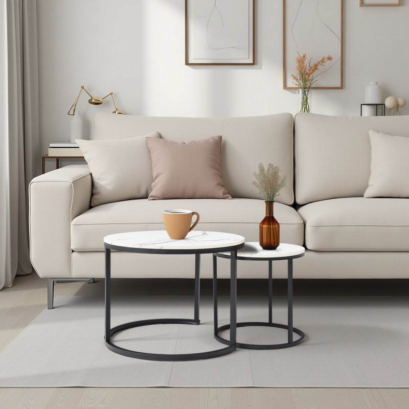 Modern Nesting Coffee Tables Set – Space-Saving Round Design with Marble Pattern & Black Metal Frame, White