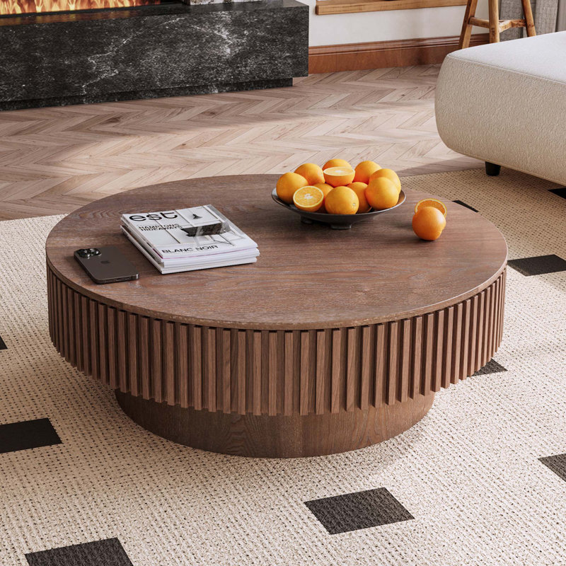 Round Coffee Table With Storage Solid Wood Veneered Modern Coffee Table Accent Tea Table, Walnut