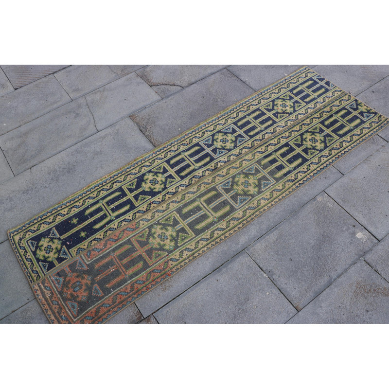 Vintage Turkish Anatolian Patchwork Runner Rug in Vibrant Greens for Corridors and Hallways