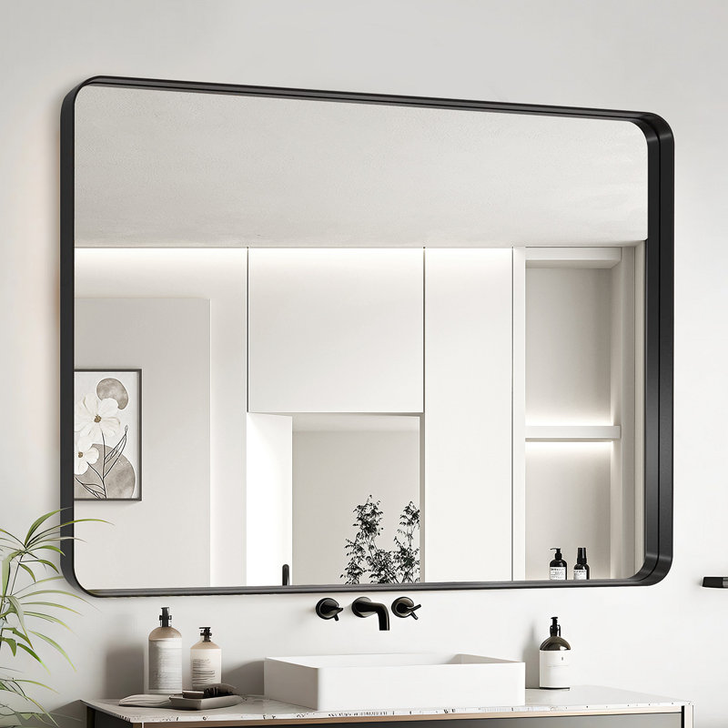 40X30 Inch Black Aluminium Frame Bathroom Mirror, Black, Rectangle, 40.14" x 30.14"