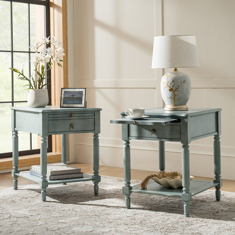 Sessoms Traditional 20"W Solid Wood 1-Drawer End Table with Built-in Charging Station, Blue