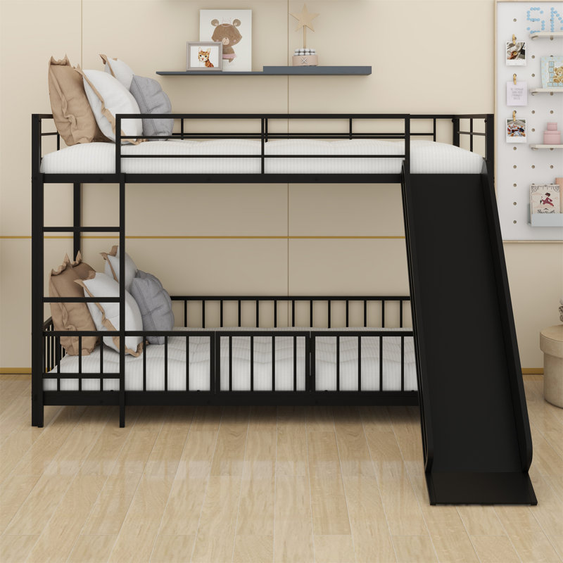 Metal Bunk Bed With Slide And Guardrails, Black