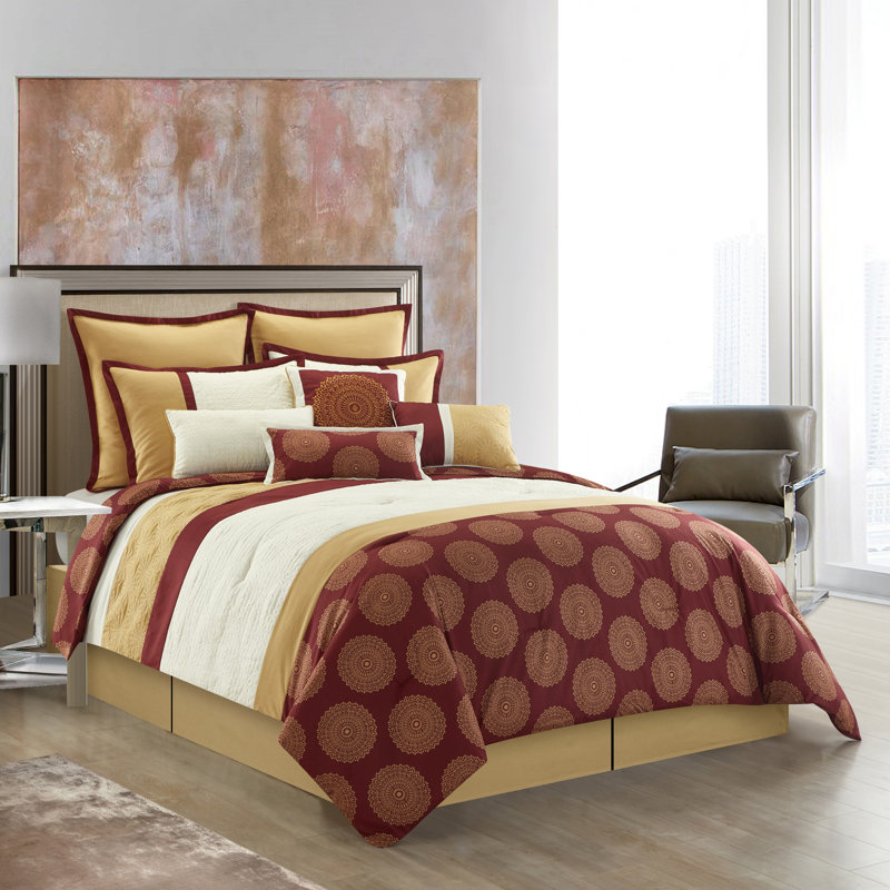 Angellyna 10 Piece Medallion Print Comforter Set, King, Burgundy