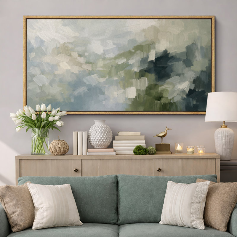 Abstract Green Blue Composition Artwork, Modern Living Room Pictures, Framed Canvas Giclee Print Wall Art, Natural Frame