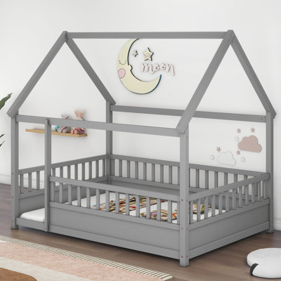 Lit en bois de pin pleine grandeur avec barrière de sécurité gris