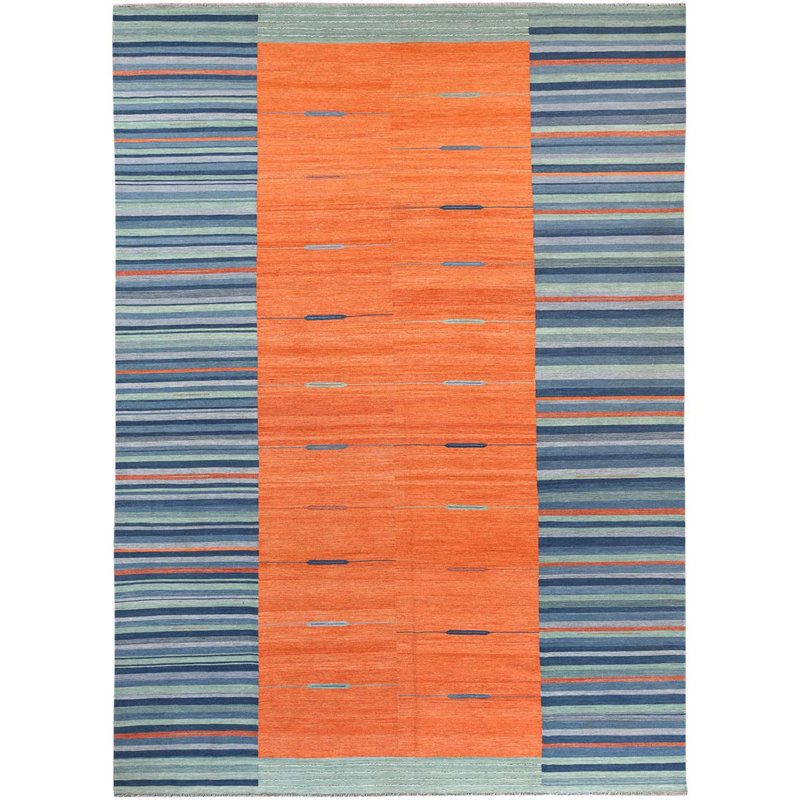 Tapis orange / bleu en laine noué à la main de conception unique 10 pi 4 po x 14 pi 2 po New Age