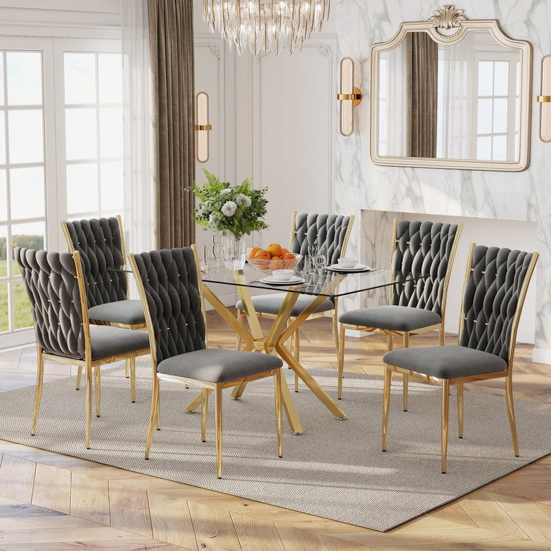 Table de salle à manger rectangulaire 47,24 "en verre trempé transparent avec chaises en velours 4/6, pieds en métal, moderne pour la cuisine, la salle à manger, le salon