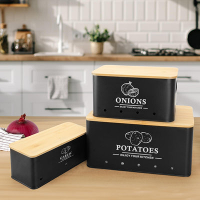 Kitchen Vegetable Storage Set of 3, Metal Onion Garlic Potato Storage Set, Kitchen Canisters Vegetable Keeper Containers with Aerating Holes and Bamboo Lid(Red)