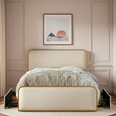 Modern Metal Bed With Curved Upholstered Headboard And Footboard Bed With 4 Storage Drawers