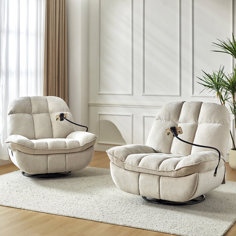 Jace Modern Upholstered Manual Swivel Rocker Recliner with Phone Holder, Beige