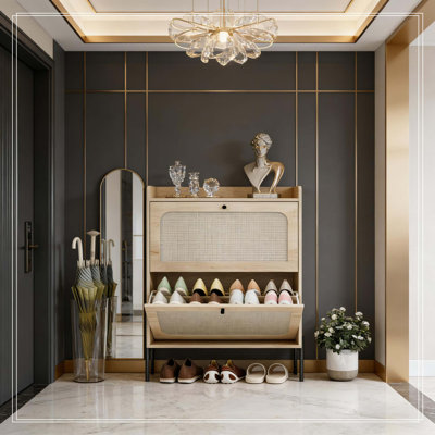 Armoire de rangement étroite pour chaussures avec tiroirs en rotin et tablettes réglables, chêne