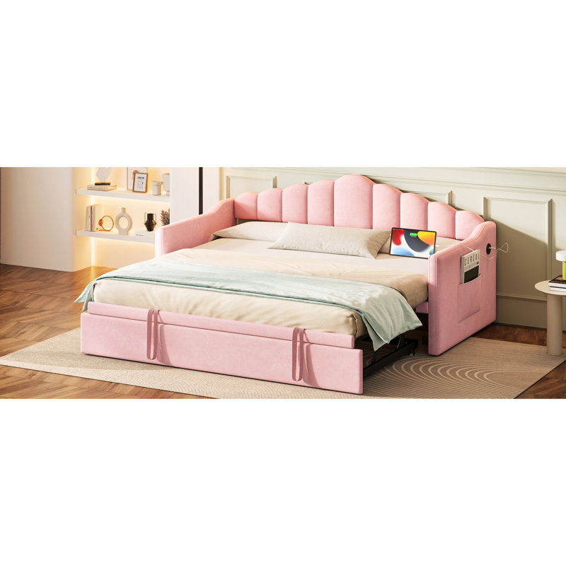 Lit de jour simple rose rembourré en velours doux, avec couchette escamotable, et type - C de charge, et poches latérales pour livres