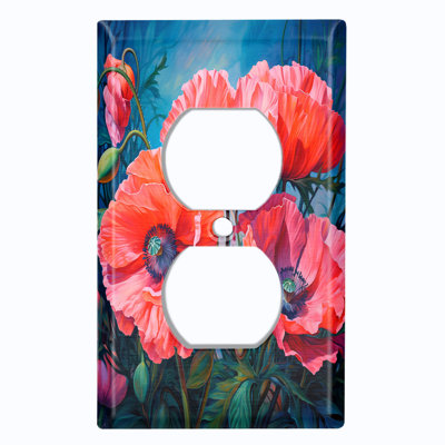 Metal Light Switch Plate Cover; US Standard Size 4 Gang Toggle - Vibrant Pink Poppy Flowers