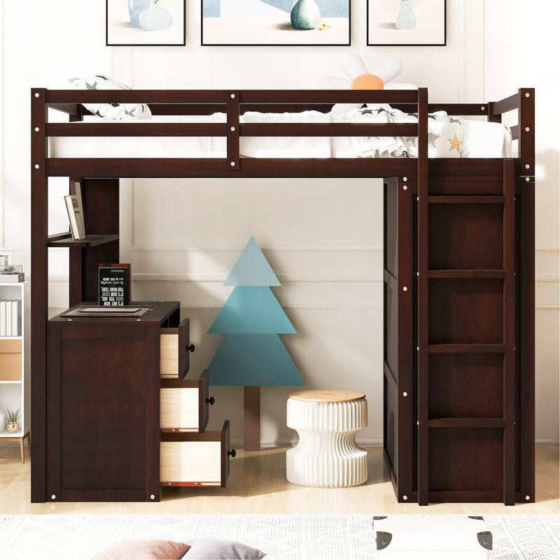 Twin Size Loft Bed With Drawers,Desk,And Wardrobe-Espresso, Twin, Espresso